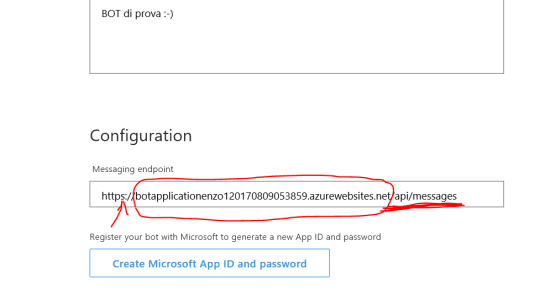 Specify the <em>Messaging endpoint</em> using the <em>https</em>, the <em>base URL</em> and then the path <em>/api/messages</em>