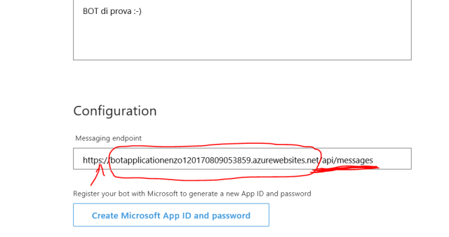Specify the <em>Messaging endpoint</em> using the <em>https</em>, the <em>base URL</em> and then the path <em>/api/messages</em>