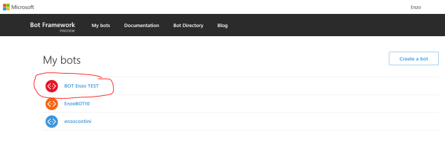 In the My bots page the new bot is listed