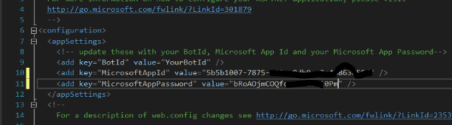 Set MicrosoftAppId and MicrosoftAppPassword keys with the proper values given when you generate an App ID and password associated to your Microsoft Account