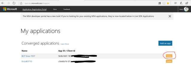 Also in apps.dev.microsoft.com you still have in your app list the just tested bot with the related App ID / Client Id association: you may want to dele also that