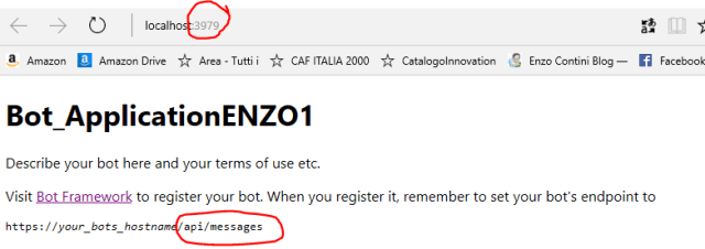 Page displayed when you run the BOT: it shows the port used and remember you that the endpoint to be set must be of a specific type (https and end with /api/messages)