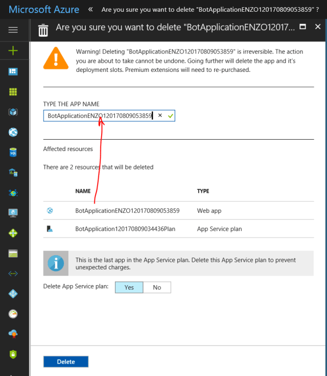 Copy&past the bot name in the proper input field to let the deletion be done