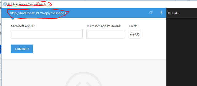 Bot emulator with the endpoint properly set as previously described