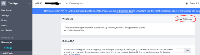 Setup Webhooks button to forward messaging events from Facebook Messenger to the bot