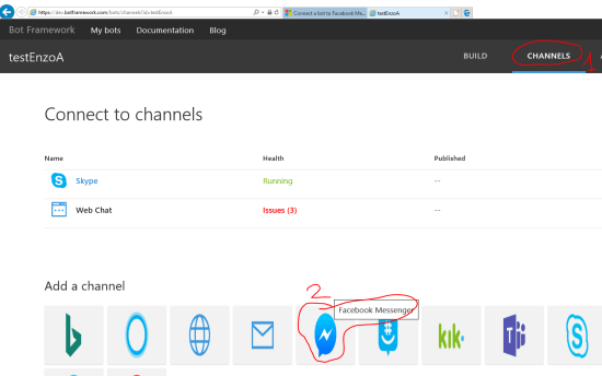 Connect the selected bot (e.g. testEnzoA) to the Facebook Messenger channel