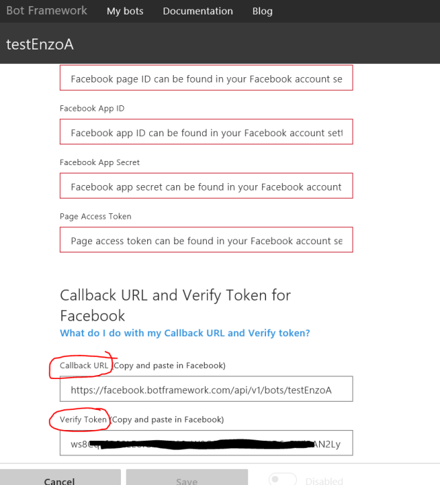 Copy the Callback URL and Verify Token values from the Bot Framework portal to set them in the Facebook Messenger