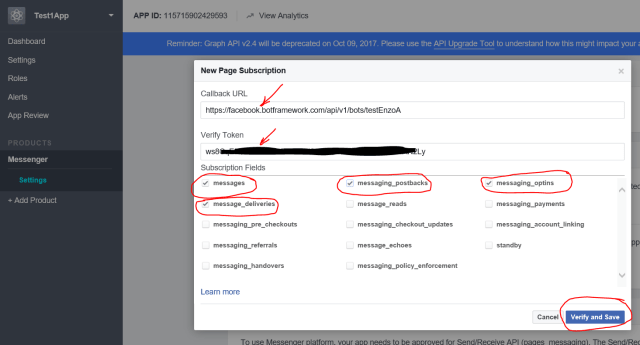 Set into the Facebook Messenger the Callback URL and Verify Token values taken from the Bot Framework portal