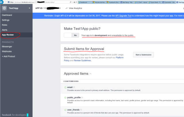 App submission for approval from Facebook.