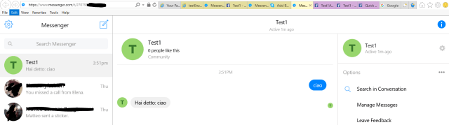 Writing to Test1 from the Messenger site: the bot testEnzoA automatically answers ""Hai detto: same string"