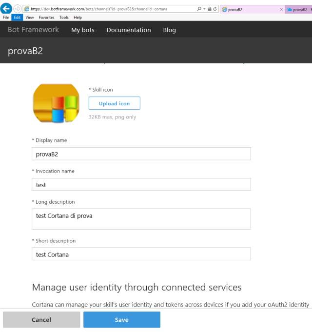 Settings required to add the Cortana Channel to a Bot