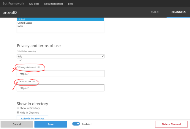 You need to provide Privacy statement an Terms of use URLs