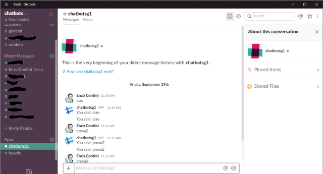 Bot connected to the Slack channel