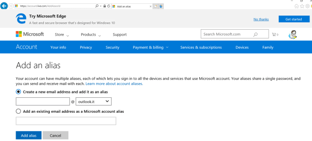 Add an alias to your Microsoft account