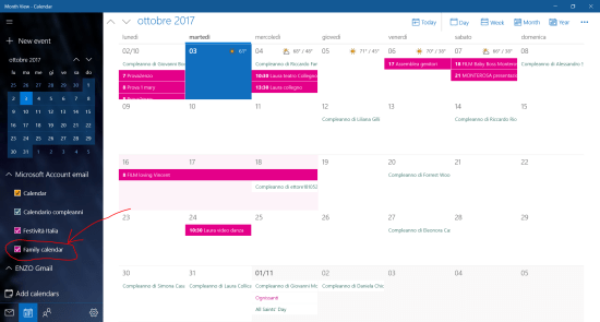 Select Family Calendar, available in your Outlook/live mail account, among the other Calendar you want to consider