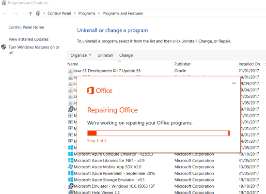 Control Panel -> Programs -> Programs and Features; right clicking on the Microsoft Office program; choose Change; select the Online Repair option.