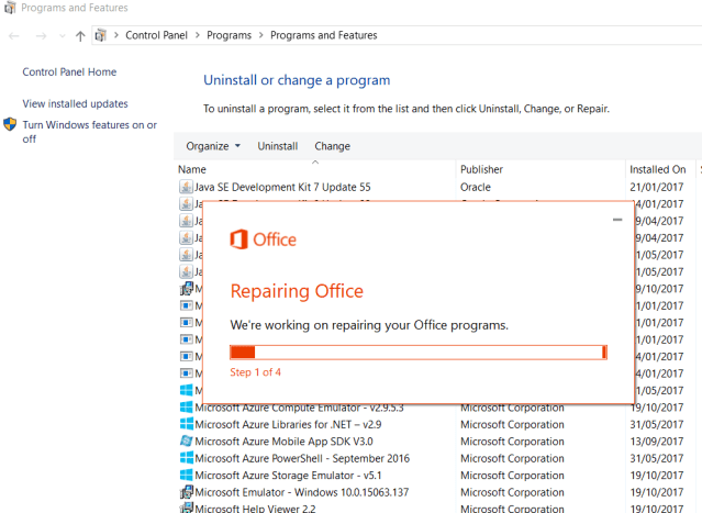 Control Panel -> Programs -> Programs and Features; right clicking on the Microsoft Office program; choose Change; select the Online Repair option.