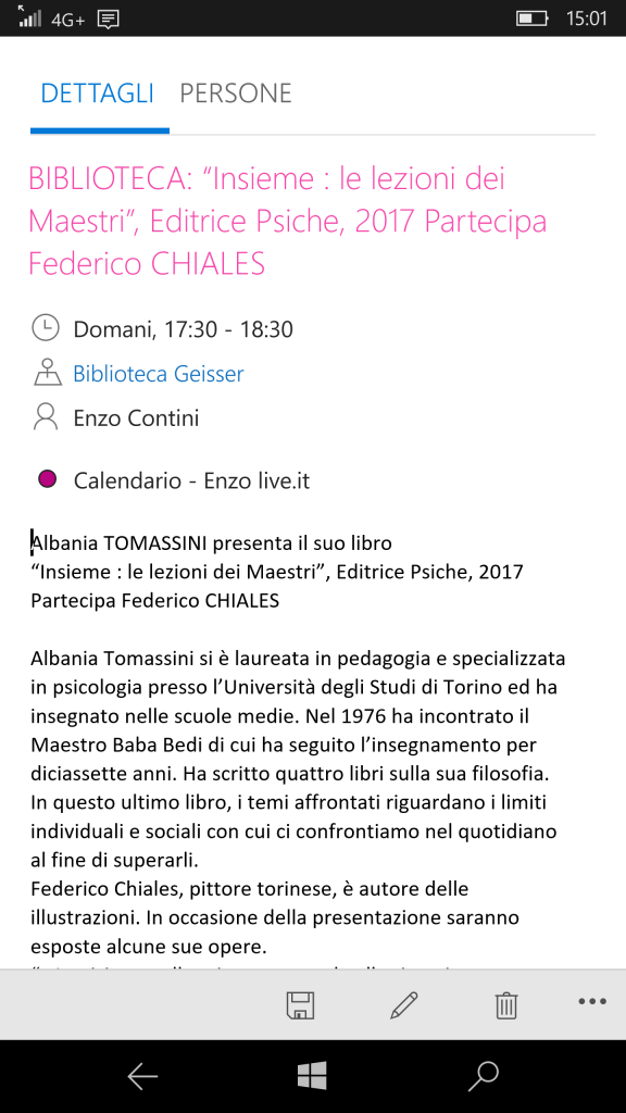 Single event as shown on a smartphone (1) - Bottom menu available for setting specific options