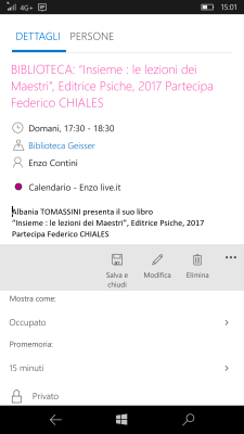 Single event as shown on a smartphone (2) - Bottom menu available for setting specific options