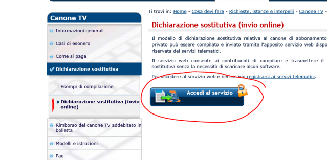 Accesso alla sezione di inoltro della dichiarazione sostitutiva (invio online)