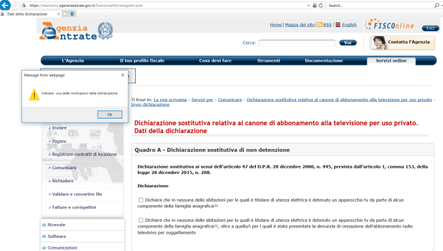 Wizard per l'inoltro dei dati della dichiarazione (passo 3): se si è selezionato al passo 1 Quadro A, risulta obbligatorio selezionare almeno una delle checkbox per procedere, anche se uno al passo 2 ha indicato il codice fiscale del decaduto